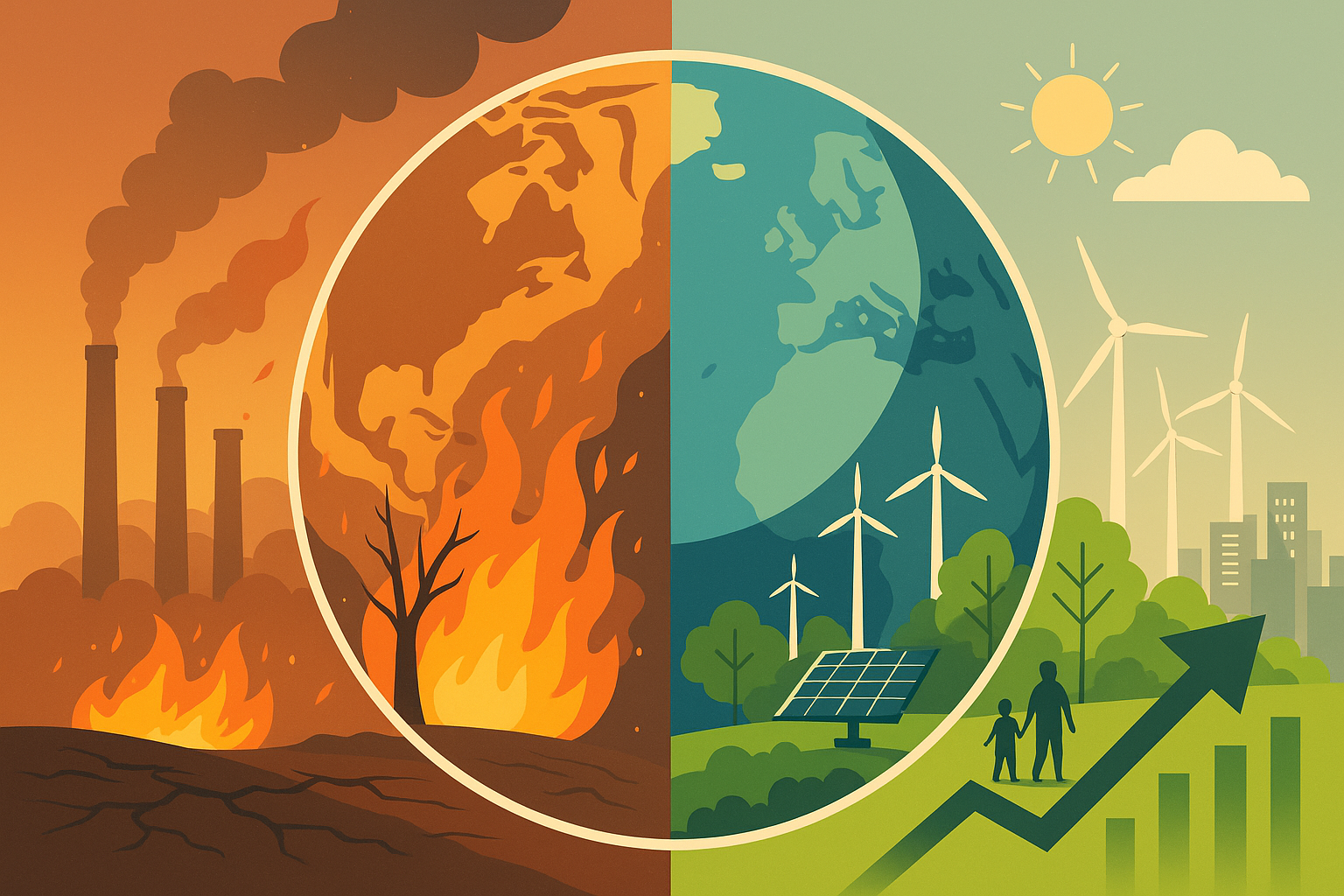 Illustration for an article on climate change: left shows pollution and fires; right shows renewable energy and nature — pathways to solutions.